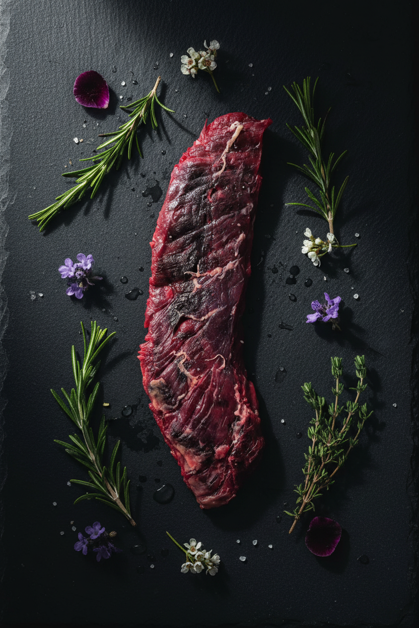 Flap Steak auf schwarzem Schieferhintergrund