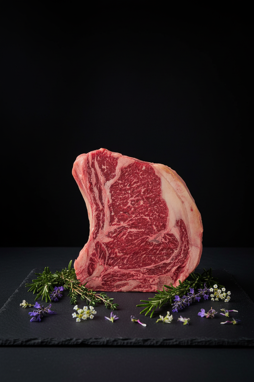Ribeye Steak auf schwarzem Hintergrund mit Blüten
