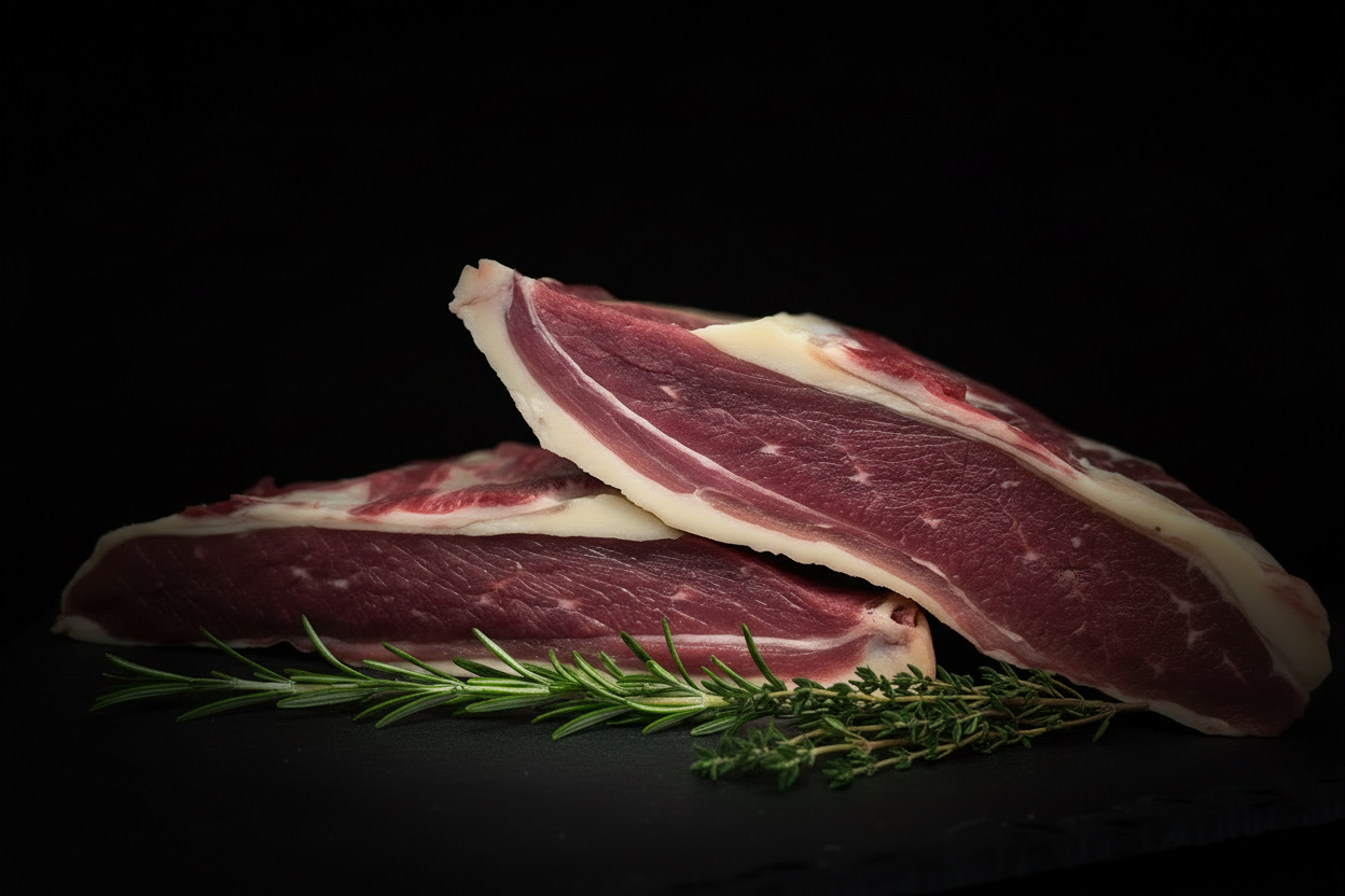 Rinderbrust auf schwarzem Hintergrund mit Kräutern