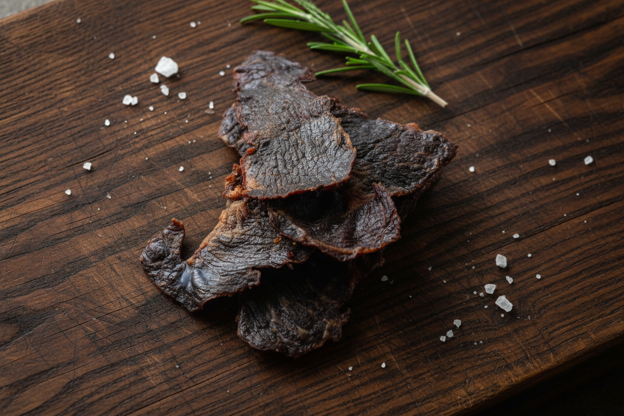 Trockenfleisch auf Eichenholz